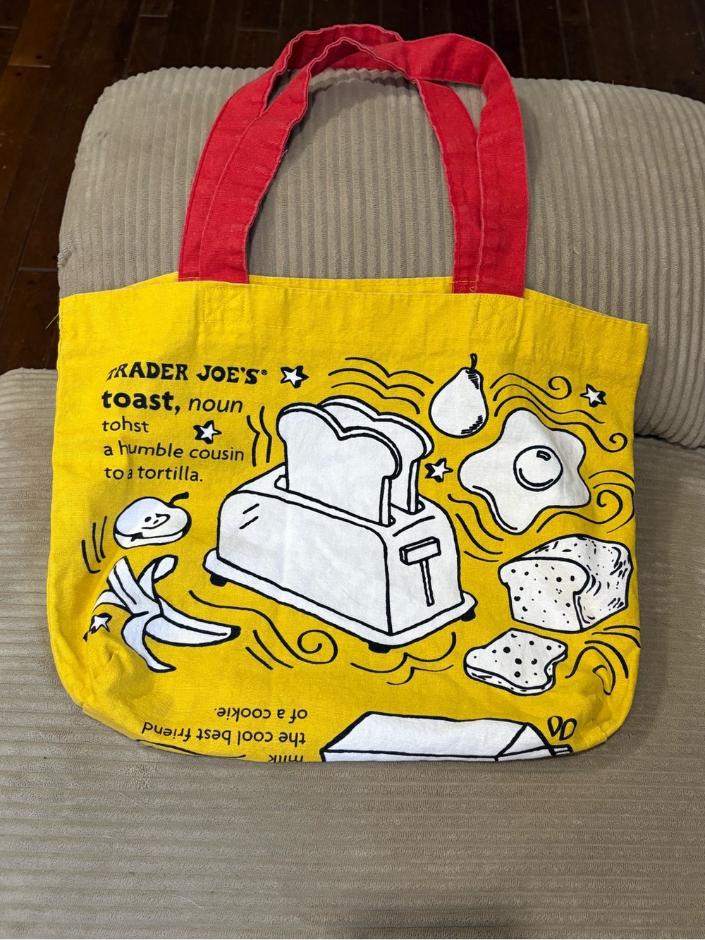 Trader Joe's Yellow Waffle Tote Bag with Red Handles - Picture 2 of 2